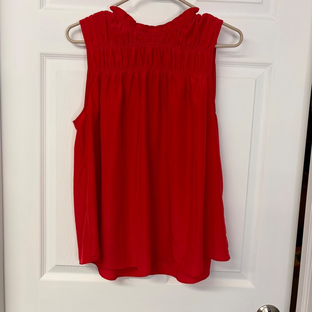 Joie Red Silk Sleeveless Ruffle Neck Smocked Blouse Large
